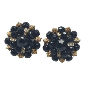 Crown Trifari Black Glass Gold Tone Clear Rhinestone Vintage Clip Earrings